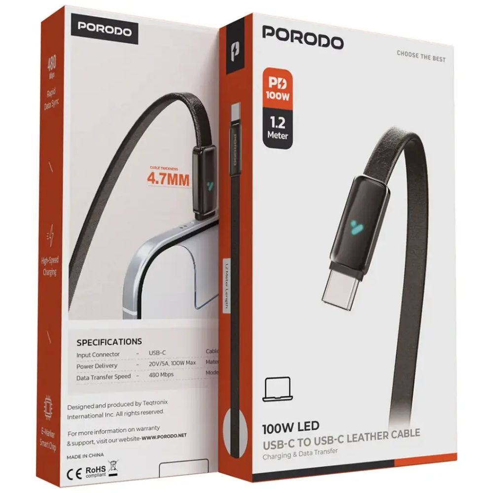 Porodo 100W Led Usb-C To Usb-C Leather Charging & Data Transfer Cable