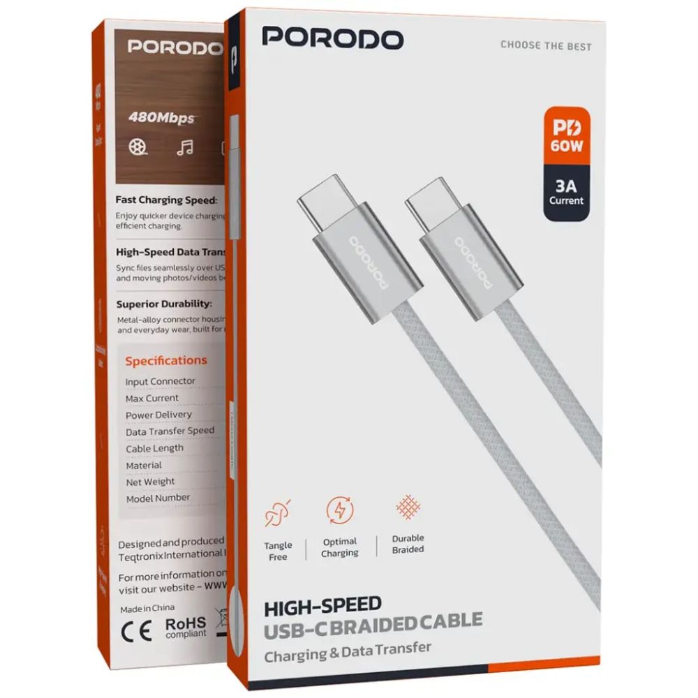 Porodo High-Speed Usb-C Braided Cable Charging & Data Transfer