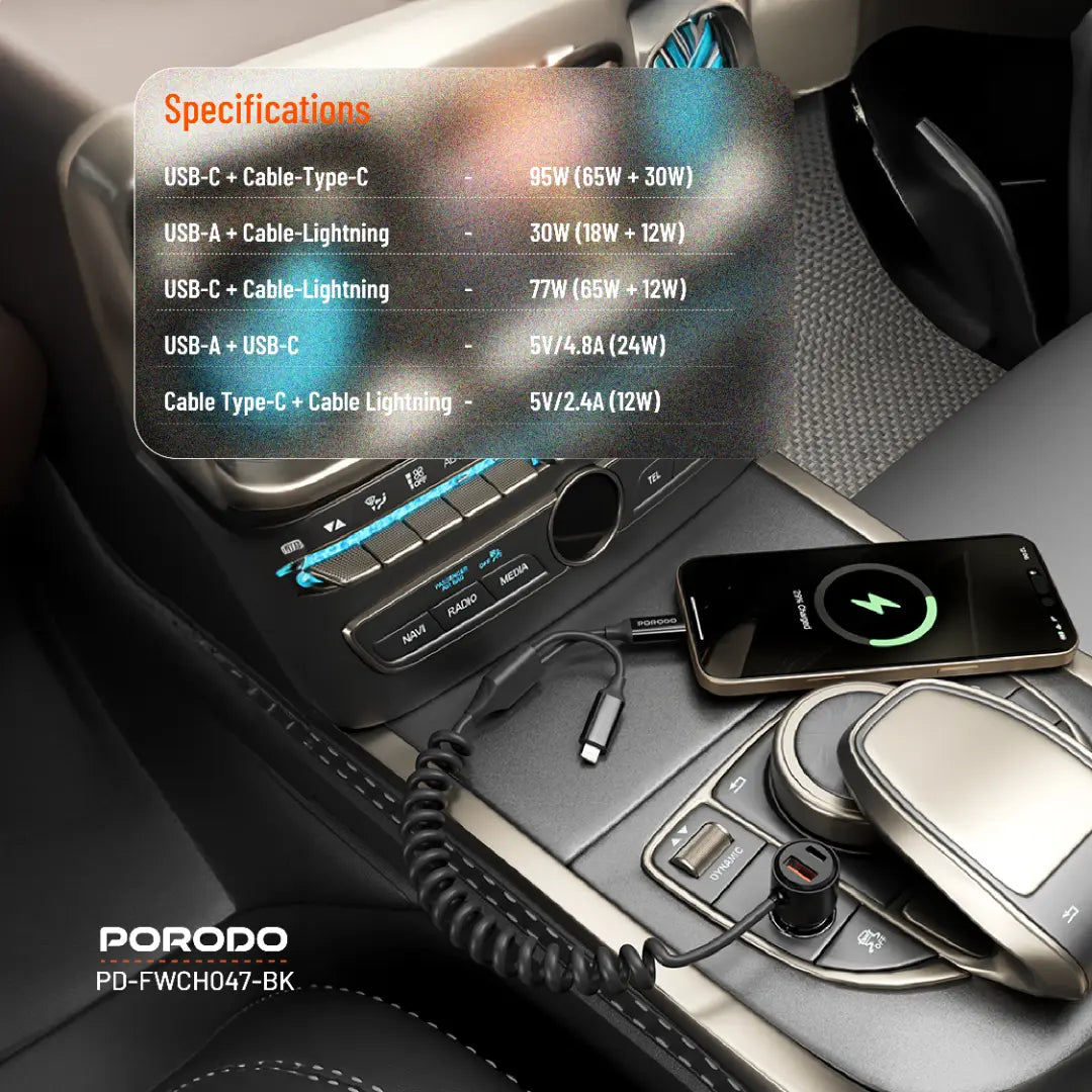 Porodo 95W Car Charger - Black