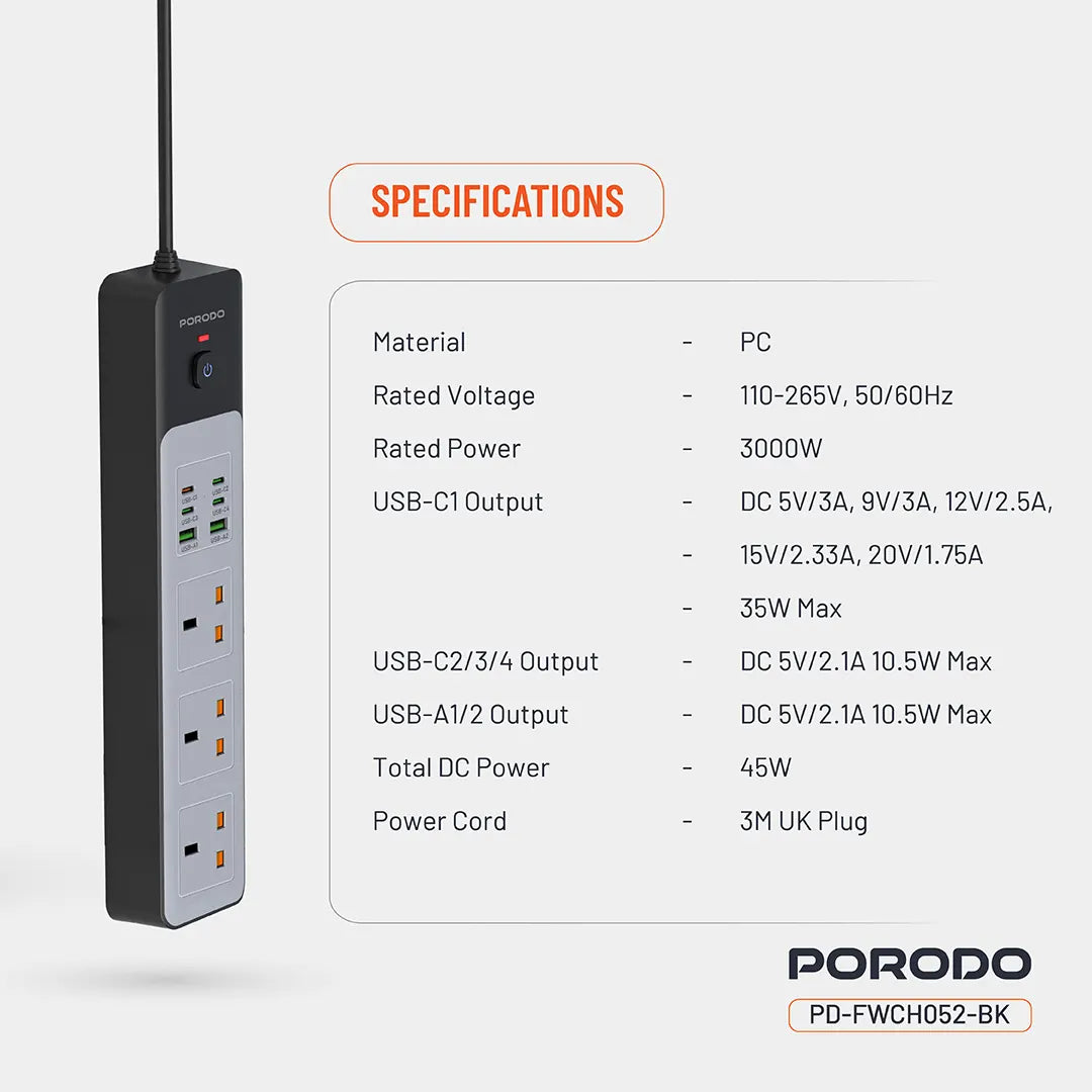 Porodo 3Ac-45W -300W Power Strip