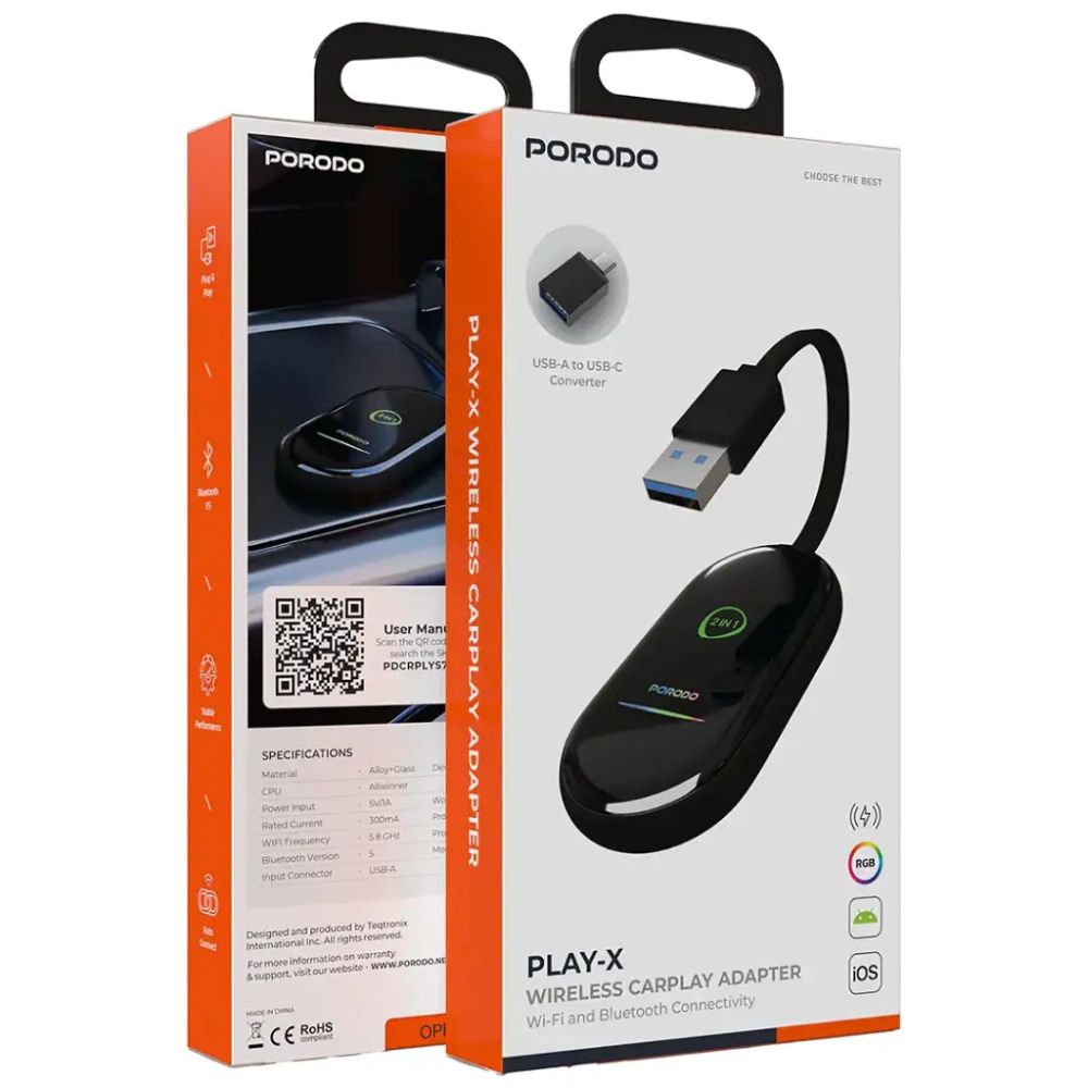 Porodo Play-X Wireless Carplay Adapter With Wi-Fi And Bluetooth Connectivity