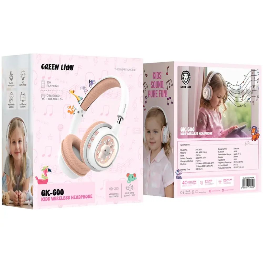 Green Lion Gk-600 Kids Wireless Headphones-Pink