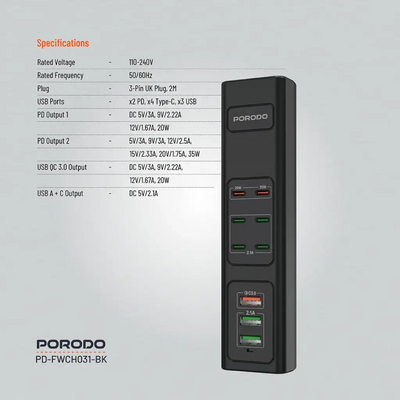 Porodo 85W Multi-Port Usb Charging Hub