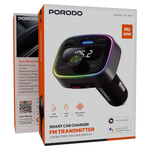 Porodo Dual Pd 30W Bluetooth Fm Transmitter With Usb Disk Reading