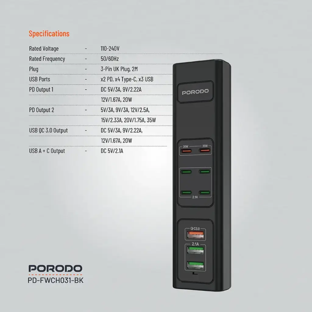 Porodo 85W Multi-Port Usb Charging Hub