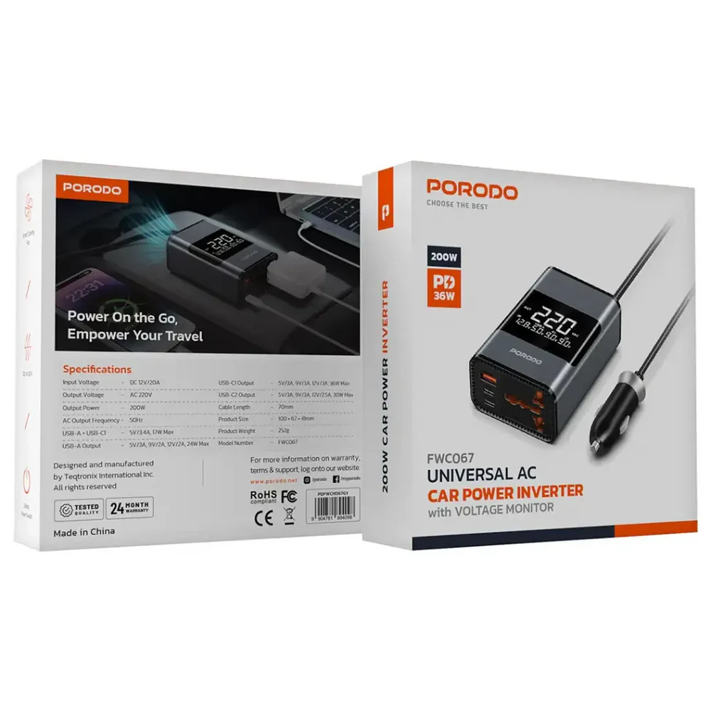 Porodo Universal Ac Car Power Inverter - Pdfwch067