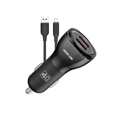 Green Lion Dual Qc3.0 Car Charger 40W With Usb-A To Lightning Cable