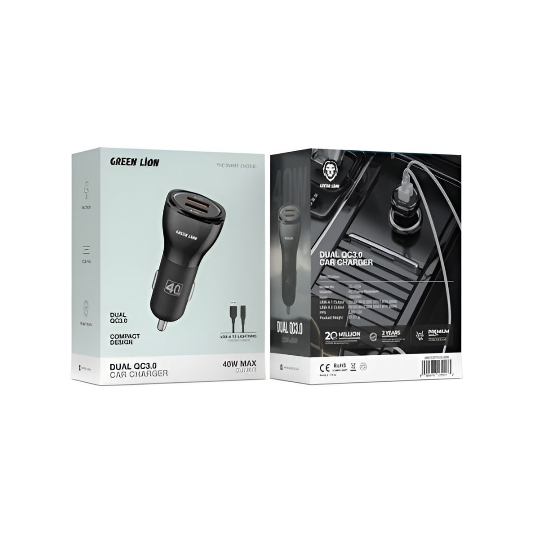Green Lion Dual Qc3.0 Car Charger 40W With Usb-A To Lightning Cable