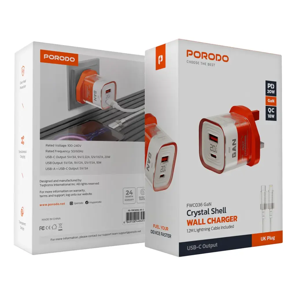 Porodo Crystal Shell Gan Wall Charger With Usb-C/Lightning Cable