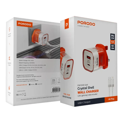 Porodo Crystal Shell Gan Wall Charger With Usb-C/Lightning Cable
