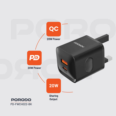 Porodo Dual Port Wall Charger Uk - Black