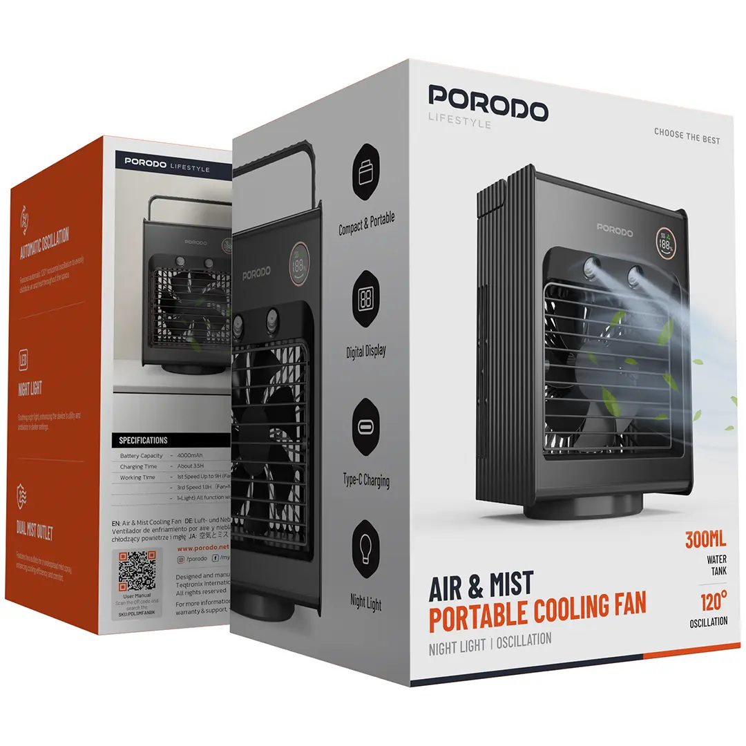 Porodo Lifestyle Air & Mist Portable Cooling Fan With Night Light