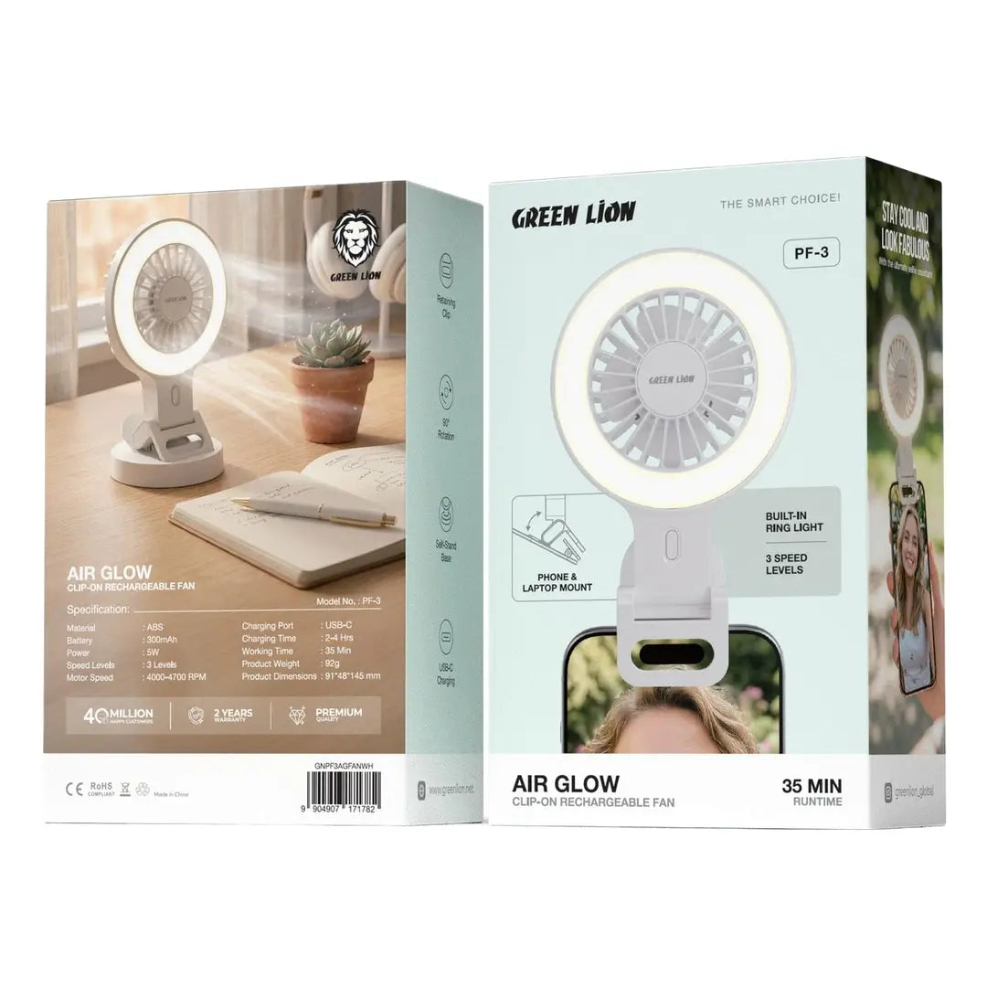 Green Lion Air Glow Clip On Rechargeable Fan-White
