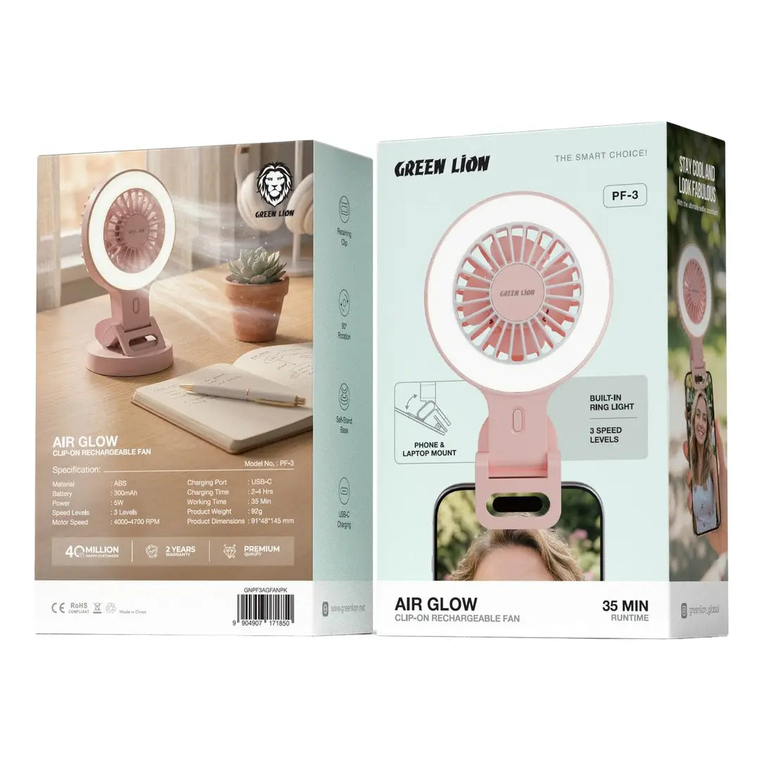 Green Lion Air Glow Clip-On Rechargeable Fan-Pink