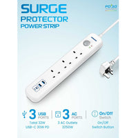 Remson Essential Pd Surge Protector Power Strip 6 Way 3 Usb 3 Ac Outlets