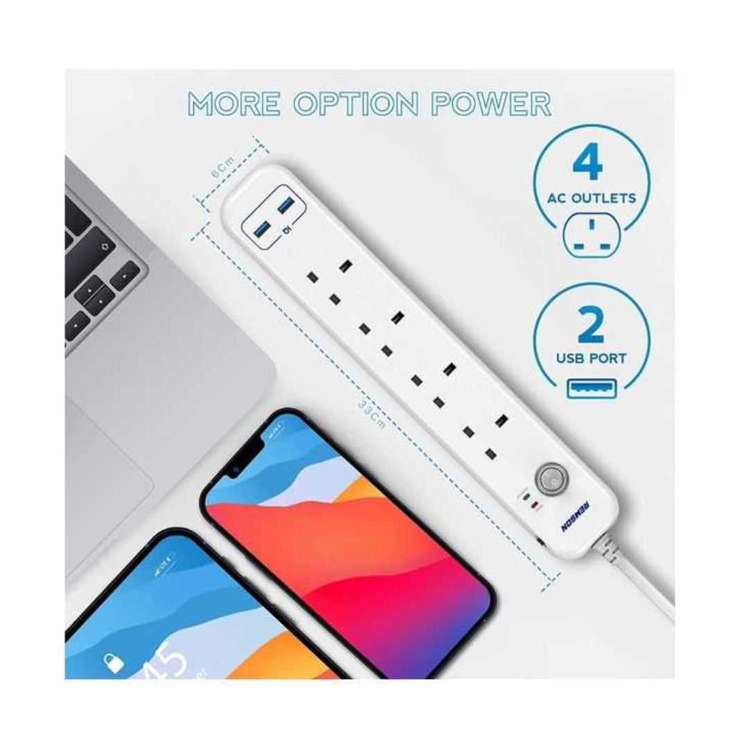 Remson Essential 6 Way 2 Usb Ports + 4 Ac Outlets Surge Protection Power Strip