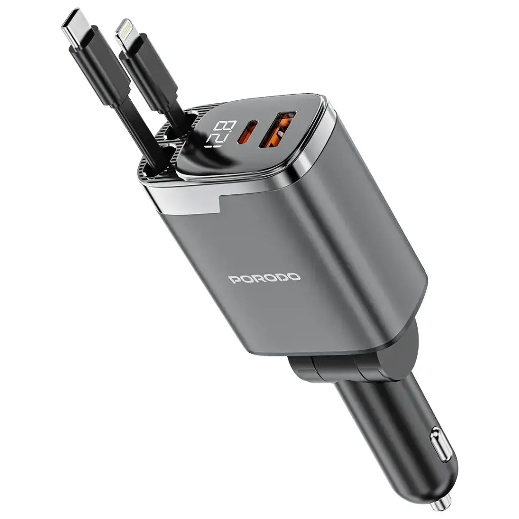 Porodo 111W Car Charger With Lightning & Type-C Retractable Cables