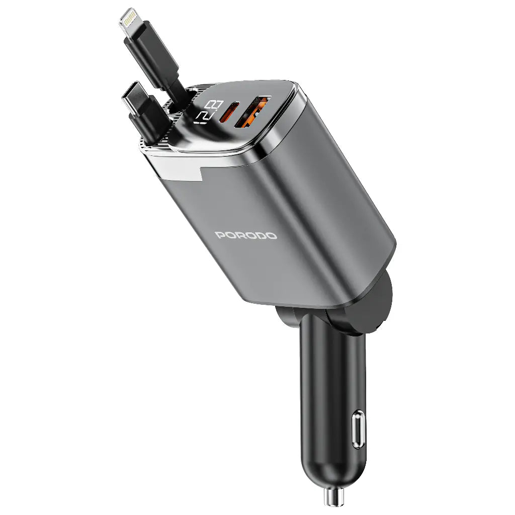 Porodo 111W Car Charger With Lightning & Type-C Retractable Cables