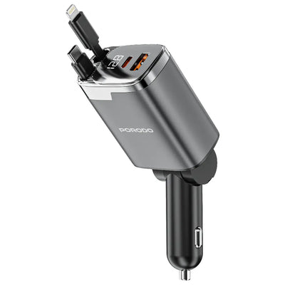 Porodo 111W Car Charger With Lightning & Type-C Retractable Cables