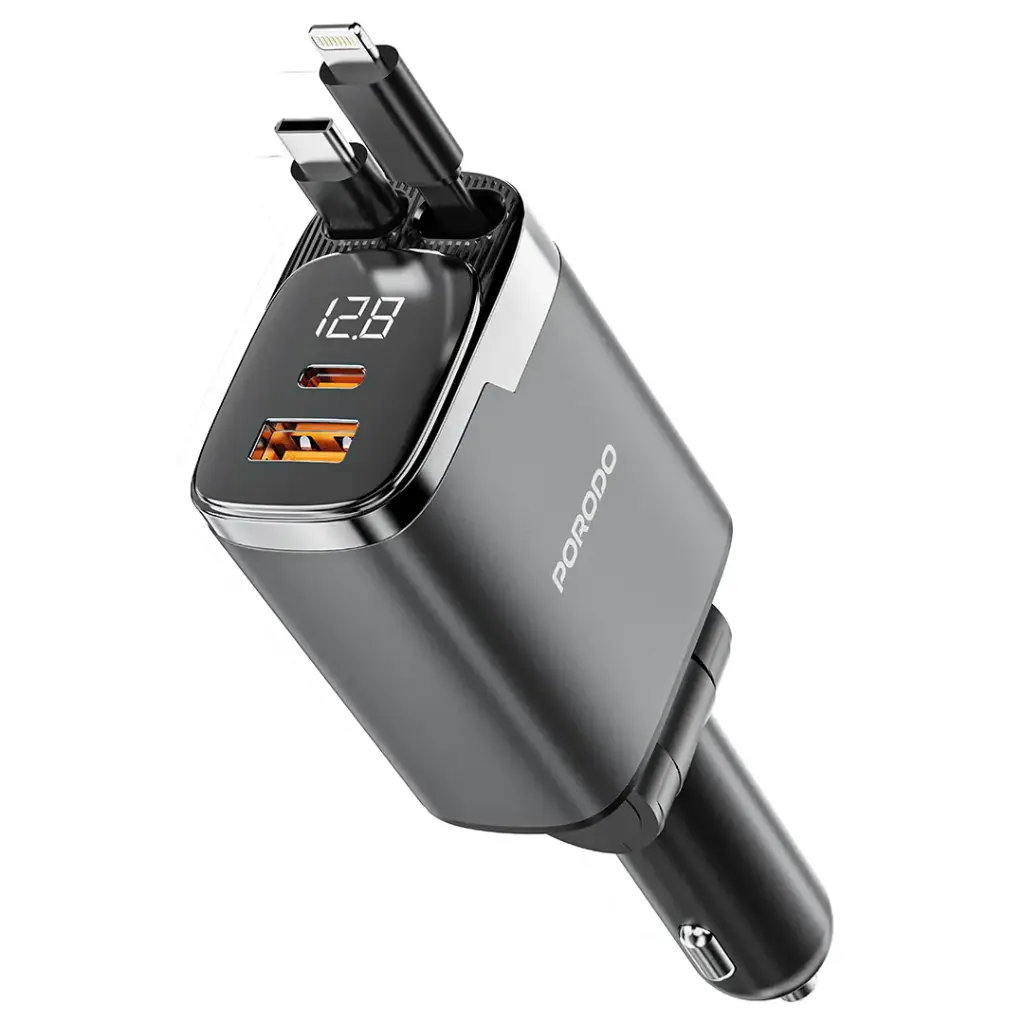 Porodo 111W Car Charger With Lightning & Type-C Retractable Cables