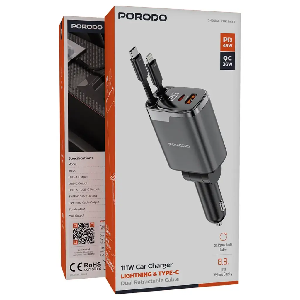 Porodo 111W Car Charger With Lightning & Type-C Retractable Cables
