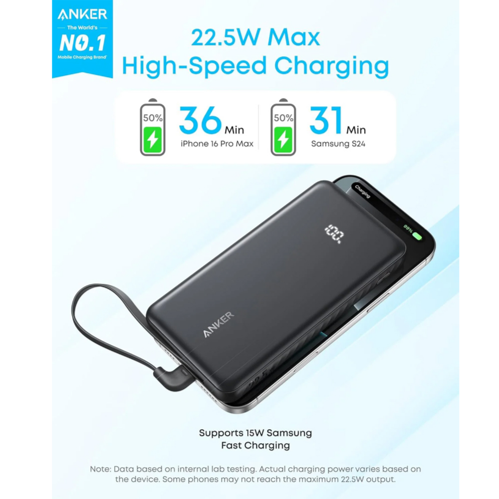 Anker Zolo Power Bank 10K 22.5W Built-In Usb-C Cable (A110Dh11) Black