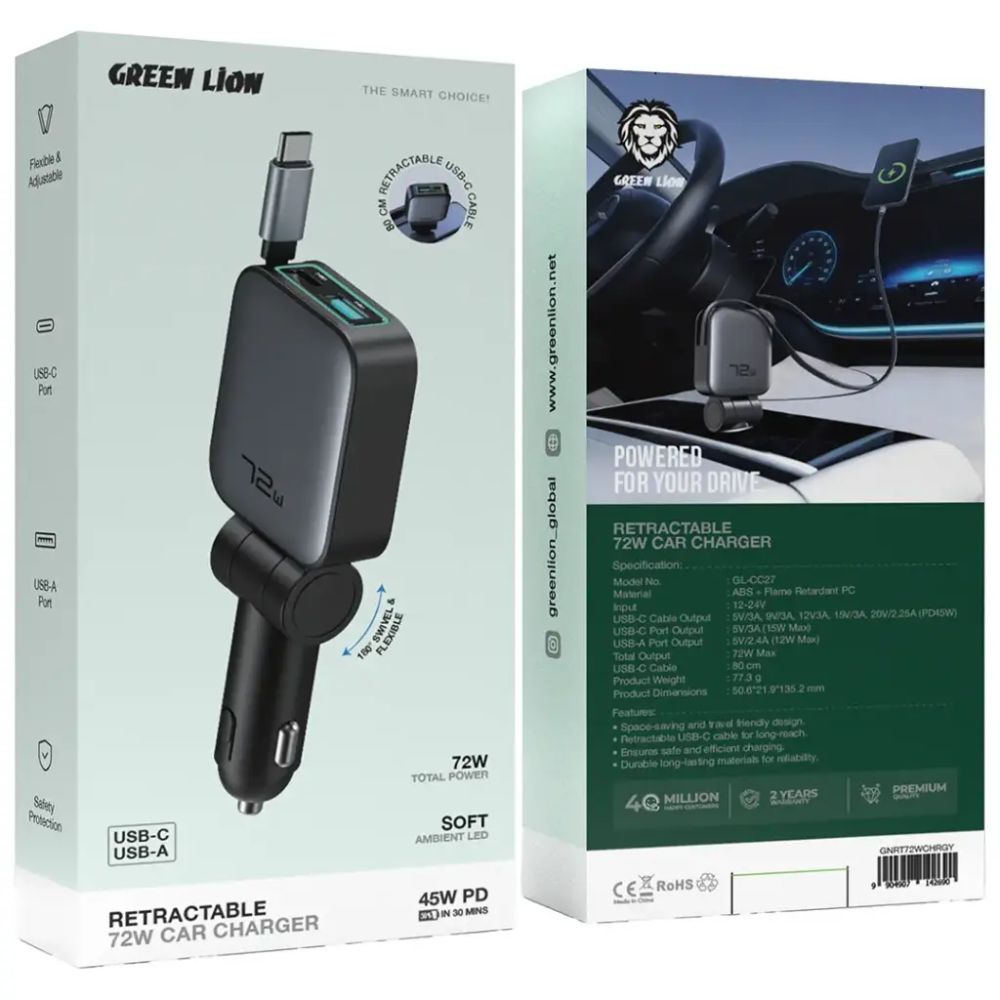Green Lion Retractable 72W Car Charger - Black