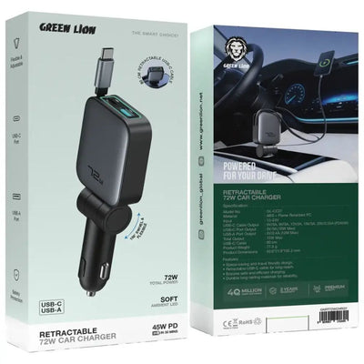 Green Lion Retractable 72W Car Charger - Black